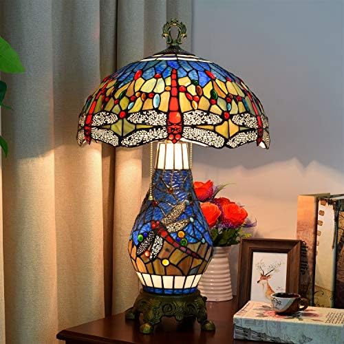 Настолна Лампа от Витражного стъкло в стил Тифани Класически Хотелски Бар Лоби-Dual Лампа, Ваза Настолни Лампи 40 см