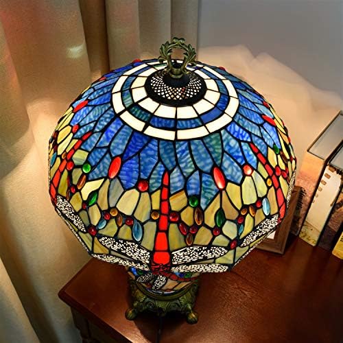 Настолна Лампа от Витражного стъкло в стил Тифани Класически Хотелски Бар Лоби-Dual Лампа, Ваза Настолни Лампи Blue Dragonfly