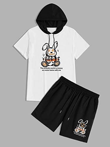 FDSUFDY Облекло от две части за мъже, Тениска и шорти с анимационни модел със слоган и завязками за момчета (Цвят: черно-бял,