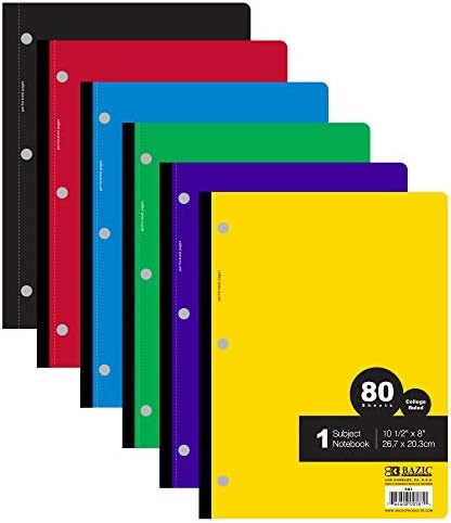 BAZIC Notebook College Ruled 1 Предмет Безжични Бележник на 80 Листа, Албум за композиране на Песни на Лигавицата, Различни цветове, 6 опаковки