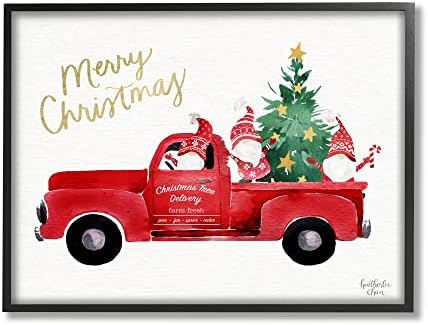 Stupell Industries С Празника Коледа, Червен камион, Дядо-Джуджета и Дърво, Дизайна на Хизерли Чан