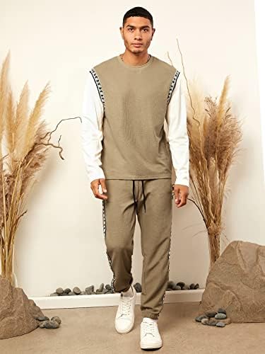 Мъжко облекло от две части NIBHZ, тениска и панталони с контрастиращи ленти 2 в 1 (Цвят: каки, Размер: XX-Large)