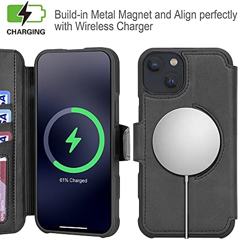 Arae е Съвместим с калъф-портфейл iPhone 13, стойка [Магнитна безжична зареждане] от картодържателя [RFID заключване]