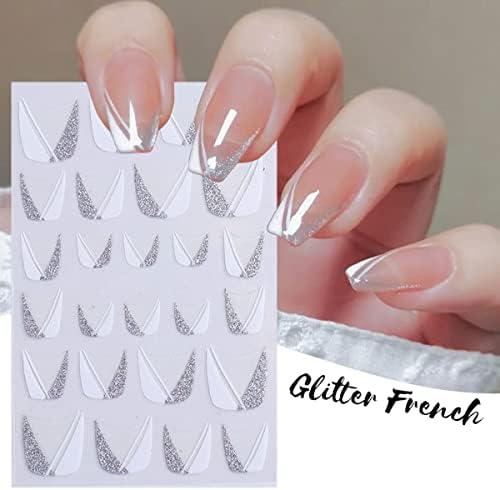 8 Листа Френска Стикер за Дизайн на ноктите, Стикери за нокти, 3D Самозалепващи френска Линия, Наклонена Лента, V-Образна