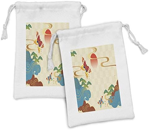 Комплект от 2 чанти от плат Ambesonne Fine Art, с образа на Пеперудите, Слънце и Облаци, Завои и вълни в японски стил,
