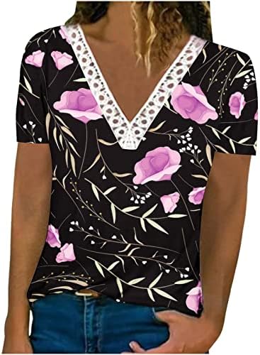 Тениска Дамски Лято Есен С Къс Ръкав 2023, V-Образно Деколте, Завързана Памук Топ с Цветен Модел, Тениска за Момичета