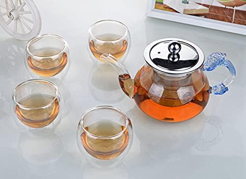 Стъклен чайник Prettyard със синя дръжка и приготвяне на чай от неръждаема стомана + 4 Чаши с двойни стени