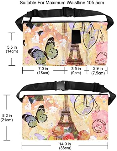 Реколта Поясная чанта в стила на Париж-Айфеловата Кула, с Роза и Пеперуда, с 4 Джоба с Цип, Подаръци за спорт, Тренировки,