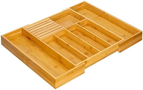 mDesign Бамбук Дървен Разтегателен Кухненски кутия, Органайзер, за съдове, Тава за съхранение на прибори за хранене /