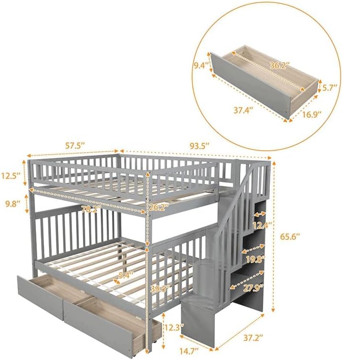 Двуетажно легло WXYNHHD Full Over Full с Две чекмеджета и място за съхранение на нещата (Цвят: екрю)