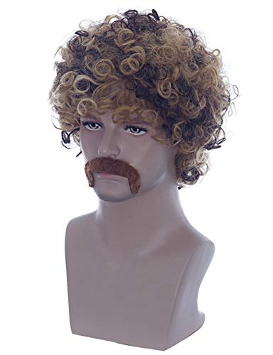 Angelaicos Мъжки обрасъл с перука в стил диско от 70-те години в стил афро, кратък къдрава черна перука и мустаци (черен)