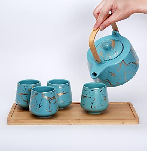 Комплект за сервиране на чай Fuji Merchandise с Мраморен дизайн, Дървен Поднос, Керамичен Чайник обем 37 течни унции