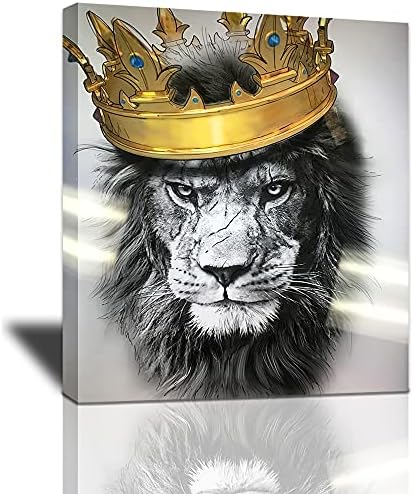 Черно-Бял Лъв с Корона Платно Стенно Изкуство Абстрактен Цар на Животните Портрет на Главата на Лъв, Златна Модерна Домашна