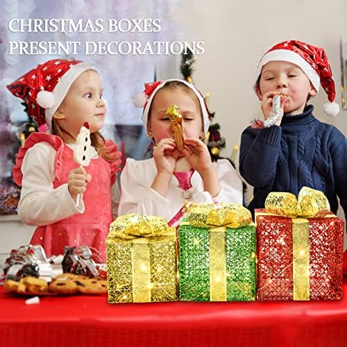Подаръчни Кутии с осветление, Коледна Декорация, Комплект от 3 Коледни Подаръци Метални Кутии с подсветка и 70 светодиодни