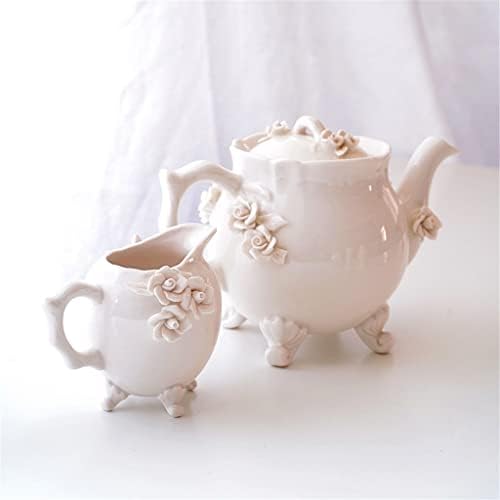 Орехово-Бежово Чай комплект с флорални орнаменти, Керамичен чайник, Сметана, чаша за мляко, Чай, следобеден чай (Цвят: