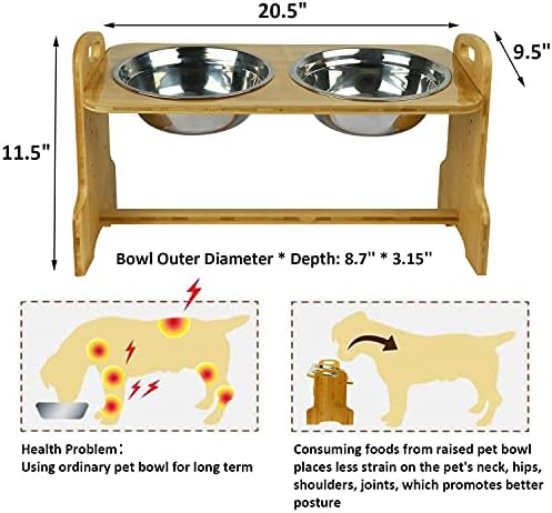 Повдигната купичка Akinerri за кучета и котки, Бамбук Регулируема Наклонена поставка за храна и вода за кучета с 2 мисками