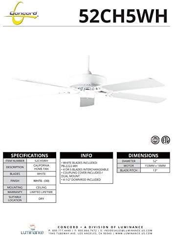 Concord Fans 52CH5WH С Изпъкнали Стена, вентилатор на Тавана с 5 Бели лобове, Бял