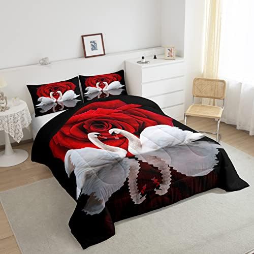 Erosebridal Комплект Одеяла с Червена Роза и Черно-Бяло Одеяло с Лебед, Поставяне King Size, Комплект спално бельо с