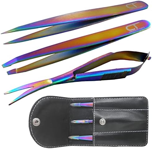 Набор от Пинцетов за вежди – Пинсети с Заострением и Наклон, Ножици За Почистването Мигли, Професионален набор от Rainbow